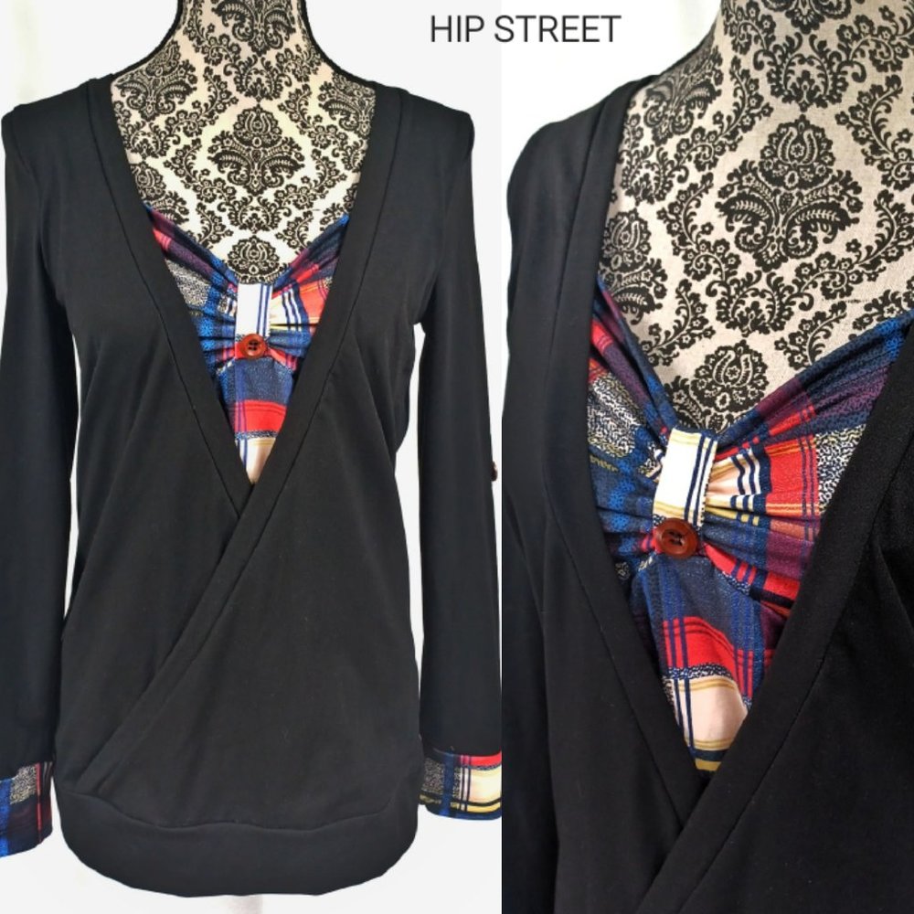 CHICME LS Plaid & Solid Jersey Cross Over Front Blouse Top S